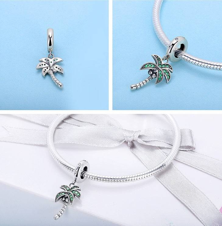 Coconut tree charm on bracelet and close-up views.