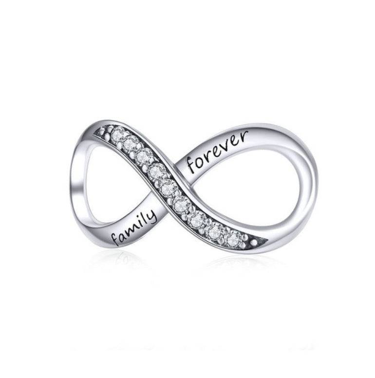 Silver Family Infinity Charm with 'Family Forever' engraving and sparkling crystal accents, symbolizing eternal love and bond.