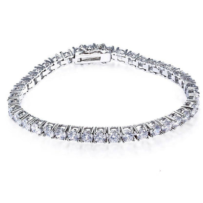 Elegant silver tennis bracelet with sparkling stones.