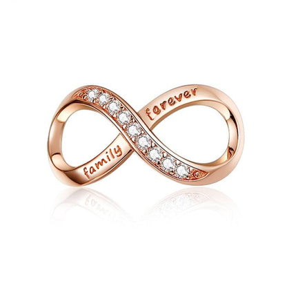 Rose gold Family Infinity Charm featuring 'Family Forever' engraving and crystal embellishments, representing love and togetherness.