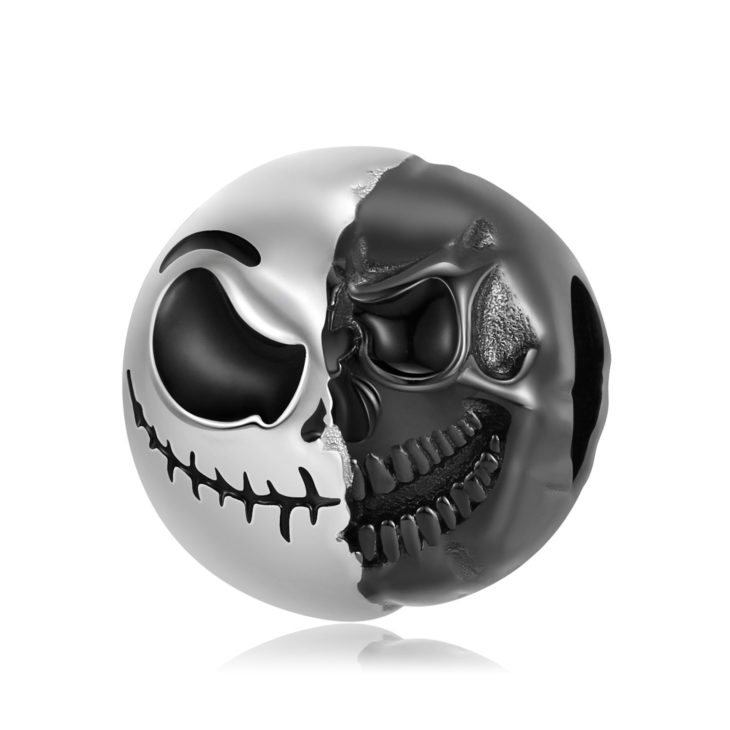 Two Tone Skull Charm with a unique half-black, half-silver skull design. A bold and stylish jewelry piece for statement-making fashion.