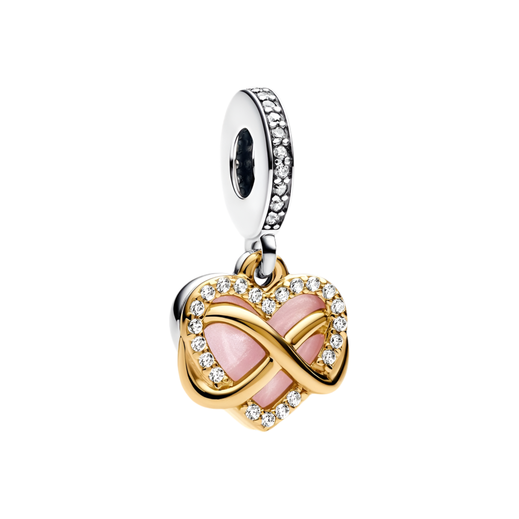 Infinity Heart Dangle Charm with gold-tone infinity symbol over a pink heart, adorned with sparkling stones, perfect for bracelets.