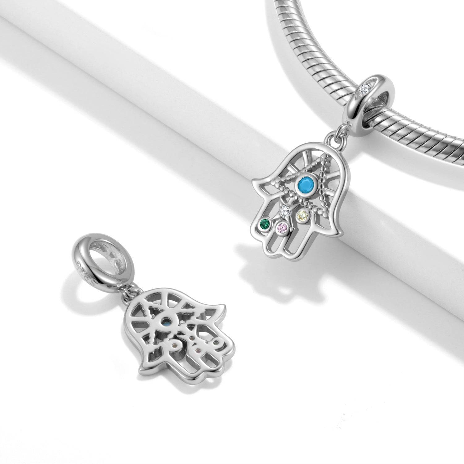 Silver Hamsa Hand charm with colorful stones