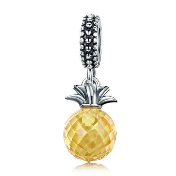 Tropical Pineapple Charm with faceted yellow gemstone and sterling silver detailing, perfect for summer vibes and stylish jewelry collections.