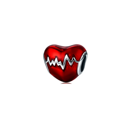 Heartbeat Charm with a red heart design and silver electrocardiogram pattern, perfect for bracelets or necklaces. Durable jewelry accessory for lasting wear.