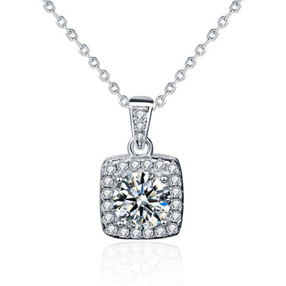 Square pendant moissanite necklace with a sparkling gemstone surrounded by smaller stones on a silver chain.