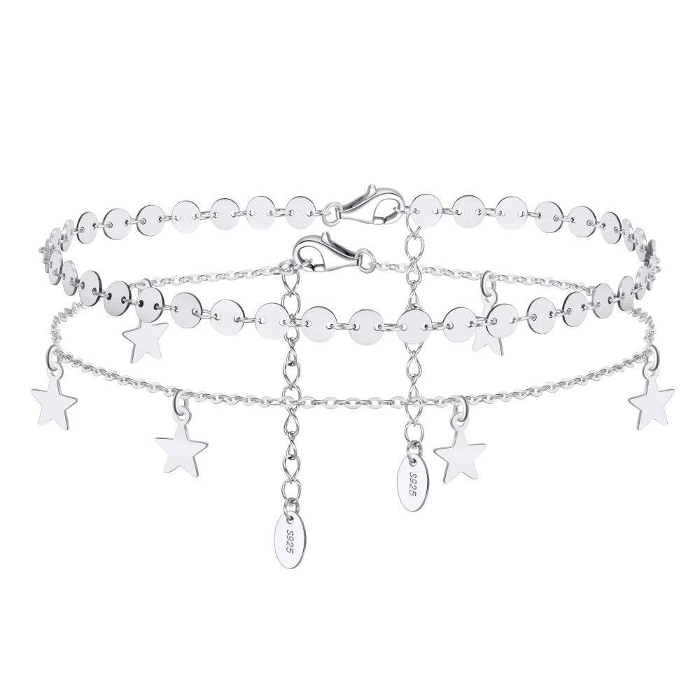 Silver stars anklet with layered chains and star charms