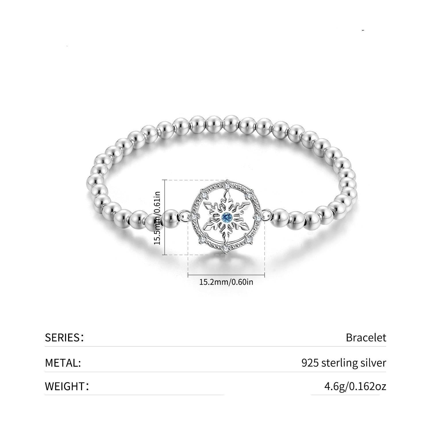 Detailed dimensions of the silver snowflake bracelet made of 925 sterling silver.